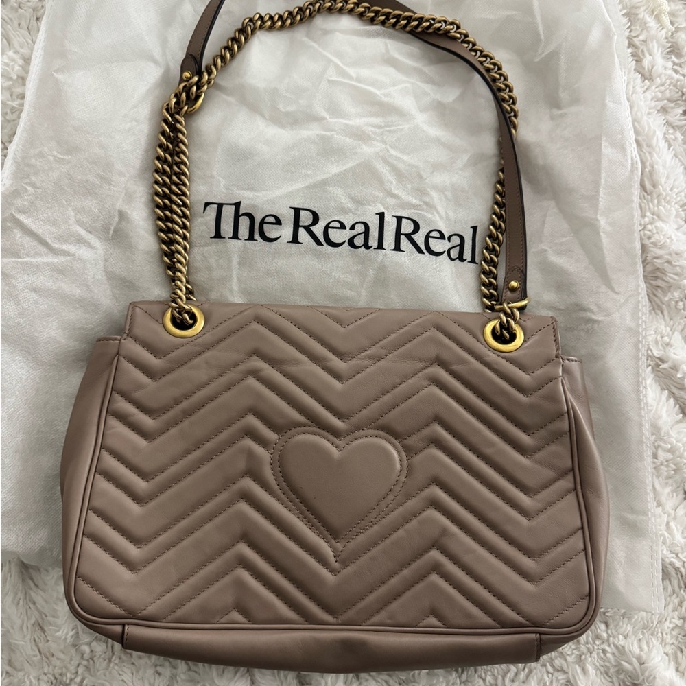 Gucci Tan Leather Marmont Shoulder Bag with Gold Chain - Picture 3 of 5